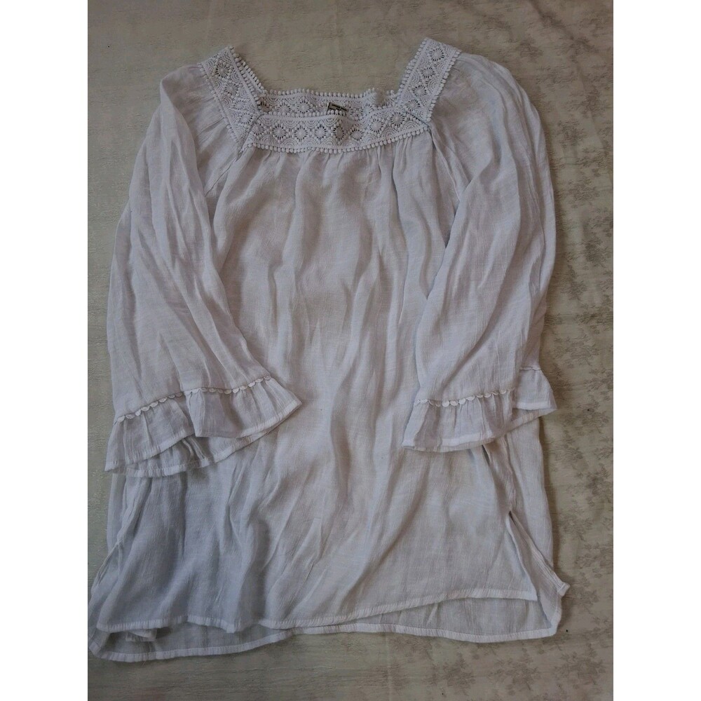 Sabrina Lauren White Boho Blouse XL Crochet Long Sleeve Flowy